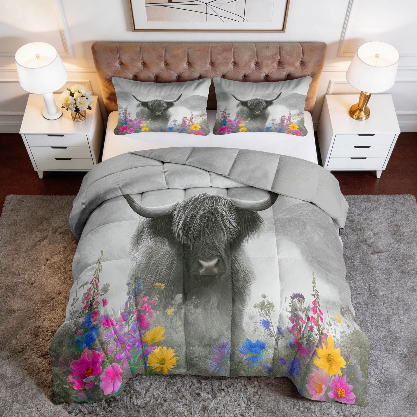 Piumone Invernale Matrimoniale 220 x 240 cm Acquerello Animali Bovini Delle Highlands Fiori Trapunta in Ecopiuma 400 gr/mq, Caldo ed Elegante – Biancheria da Letto Anallergica e Traspirante, Grigio