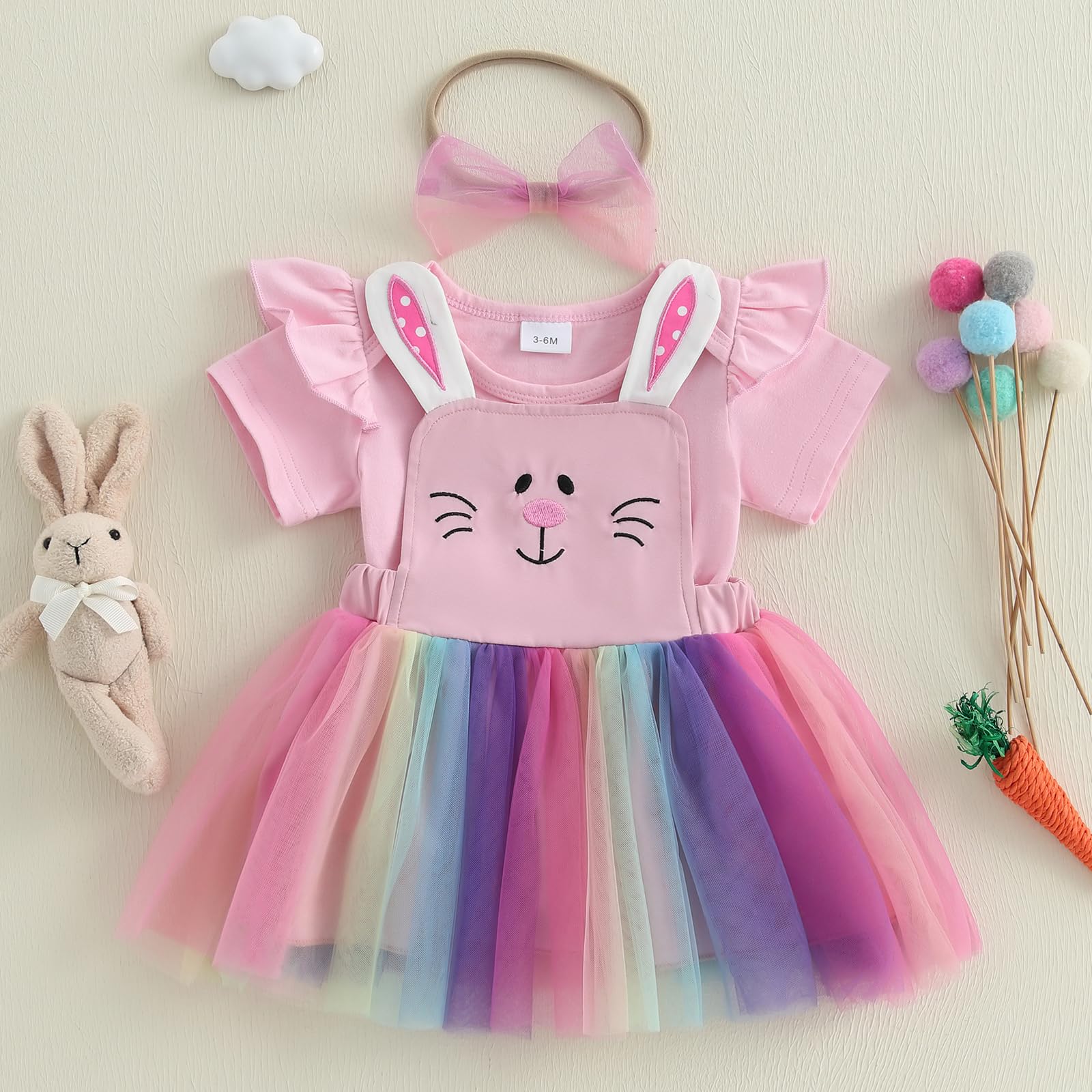 Rourufy Aby Girl Easter Outfit Newborn Romper Overalls Skirt Set Infant Summer Tulle Tutu Dress Toddler Bunny Ear Clothes (A Pink, 3-6 Months)