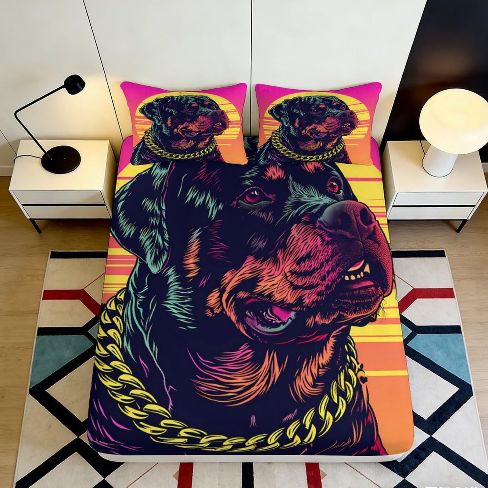 3D Printed Graffiti Rottweiler Fitted Sheet Microfiber Deep Pocket Elastic Hem Full Wrap Mattress Fitted Cover for Bedroom 140x200x25cm