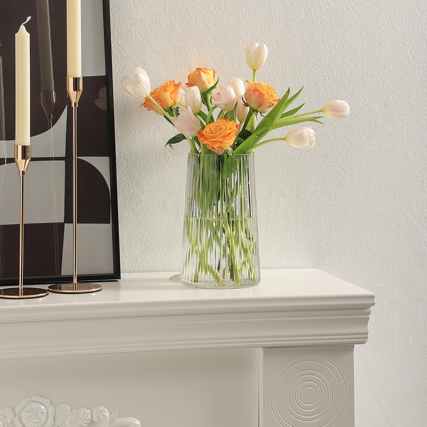 Clear Glass Vase for Flower, Flower Vase for Bouquet, Modern Glass Vases, Ribbed Vases for Living Room, Bedroom, Dining Table, Office, Wedding, Centerpieces, 8 Inches - Image 5