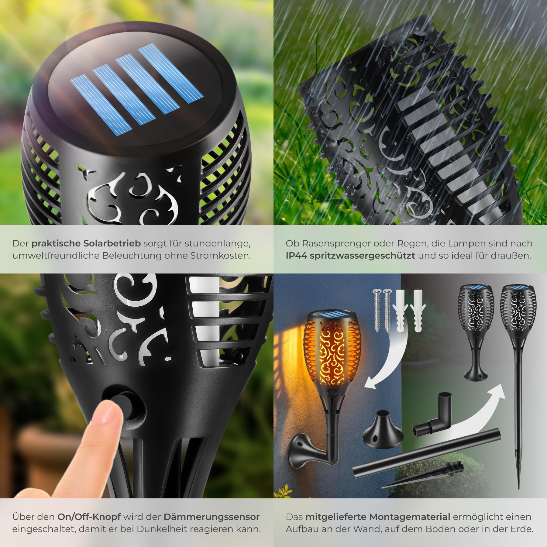 tectake® 6x LED Solarlampen für außen, für Garten, als Wandleuchte, Solar Lampe Fackeln für Draußen, Aussenlampe Wand, Solarleuchten, outdoor Gartenfackeln, Gartenleuchten, Wegbeleuchtung