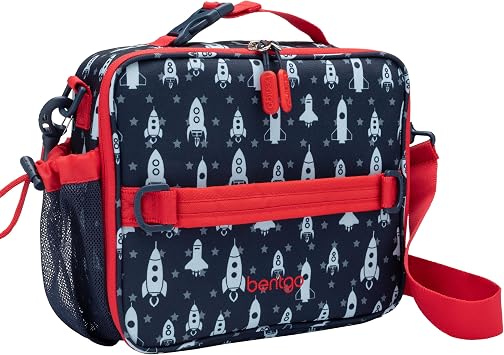 Bentgo Kids Prints Double-Insulated Reusable Lunch Bag | For Kids 3+, Adjustable Strap; Holds Lunch Box/Water Bottle/Snacks; Easy-Clean, Water-Resistant, Pockets Rocket