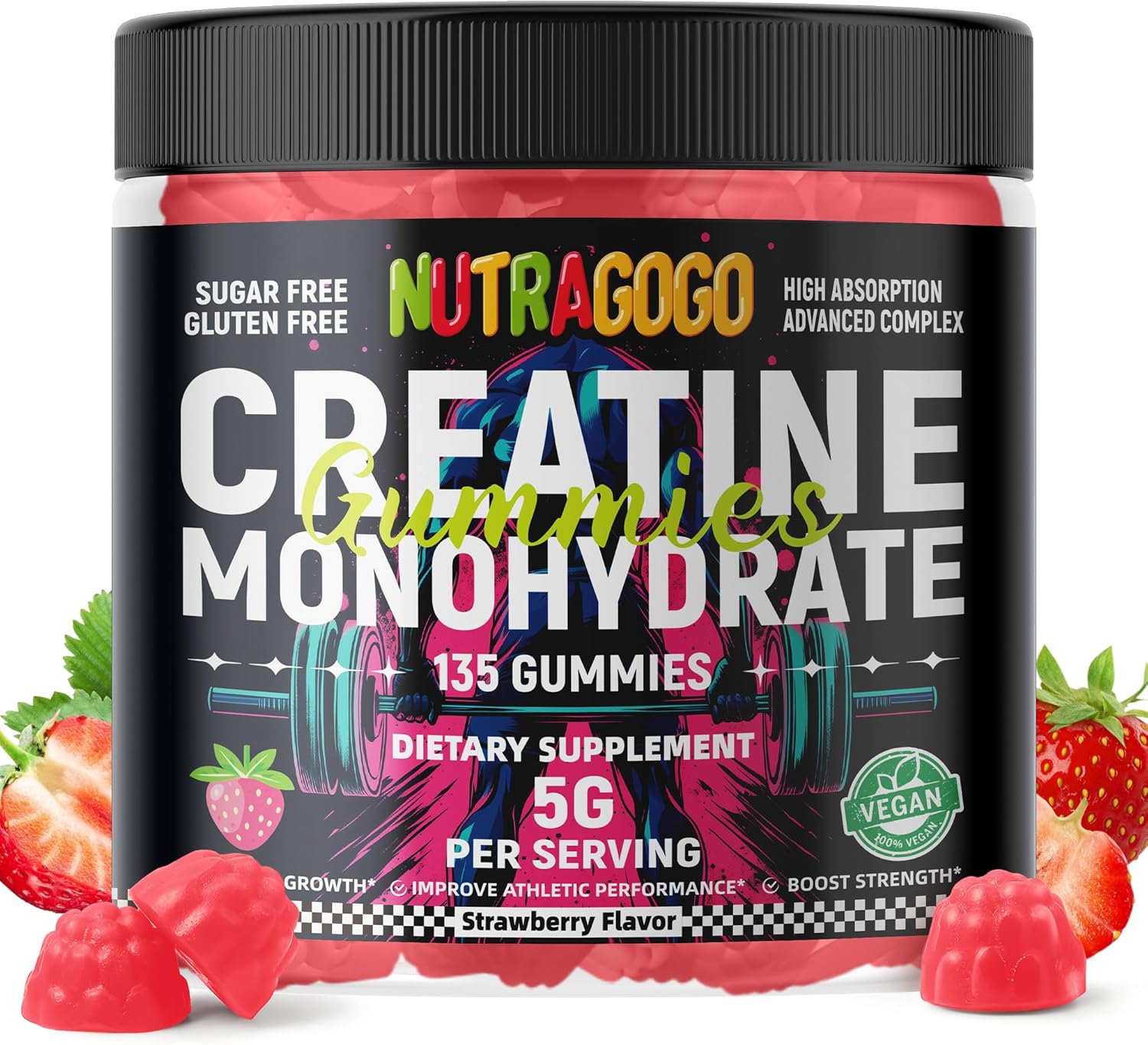 Creatine Monohydrate Gummies for Men & Women-5g of Creatine Monohydrate per Serving - Sugar Free,Vegan, Strawberry Electrolyte Chews, 135 Count