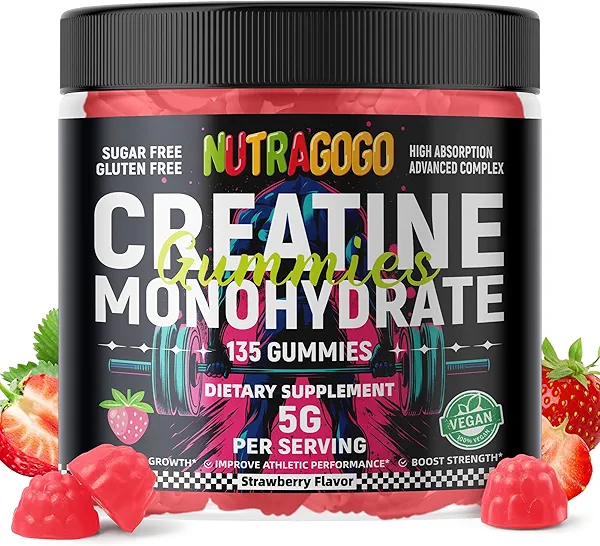 NUTRAGOGO Creatine Monohydrate Gummies for Men & Women-5g of Creatine Monohydrate per Serving - Sugar Free,Vegan, Strawberry Electrolyte Chews, 135 Count