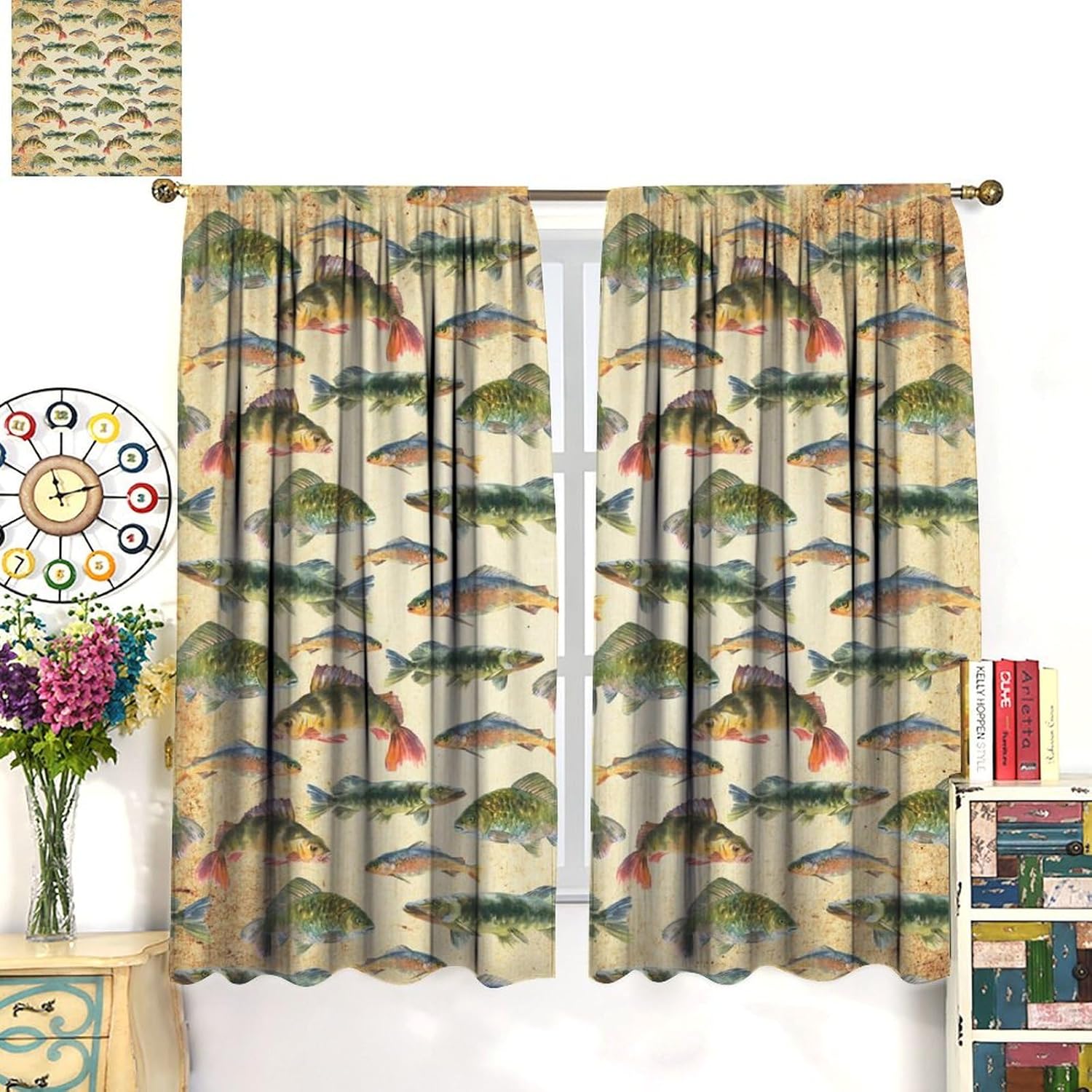 Vintage Perch Lake Blackout Curtains,Old Country Forest Hunting Lodge Bass Fishing Windows Treatments Rod Pocket Drapes for Living Room Bedroom Kitchen 42x54in
