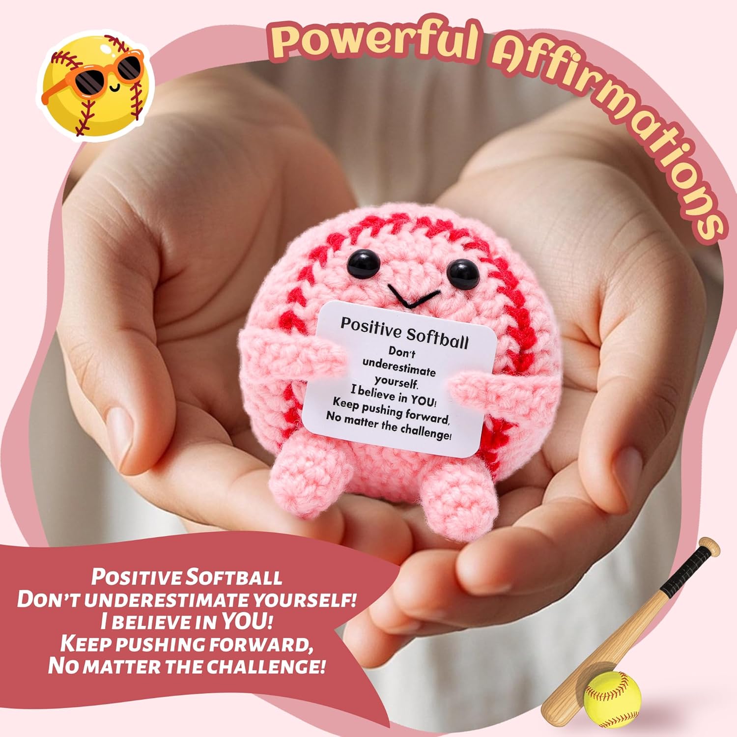 Mini Funny Positive Pink Softball Gifts for Girls, Knitted Wool Softball Crochet Toy with Positive Card, Cute Emotional Support Cheer Up Keepsake Gift for Kids Girls Women Friends Sister College