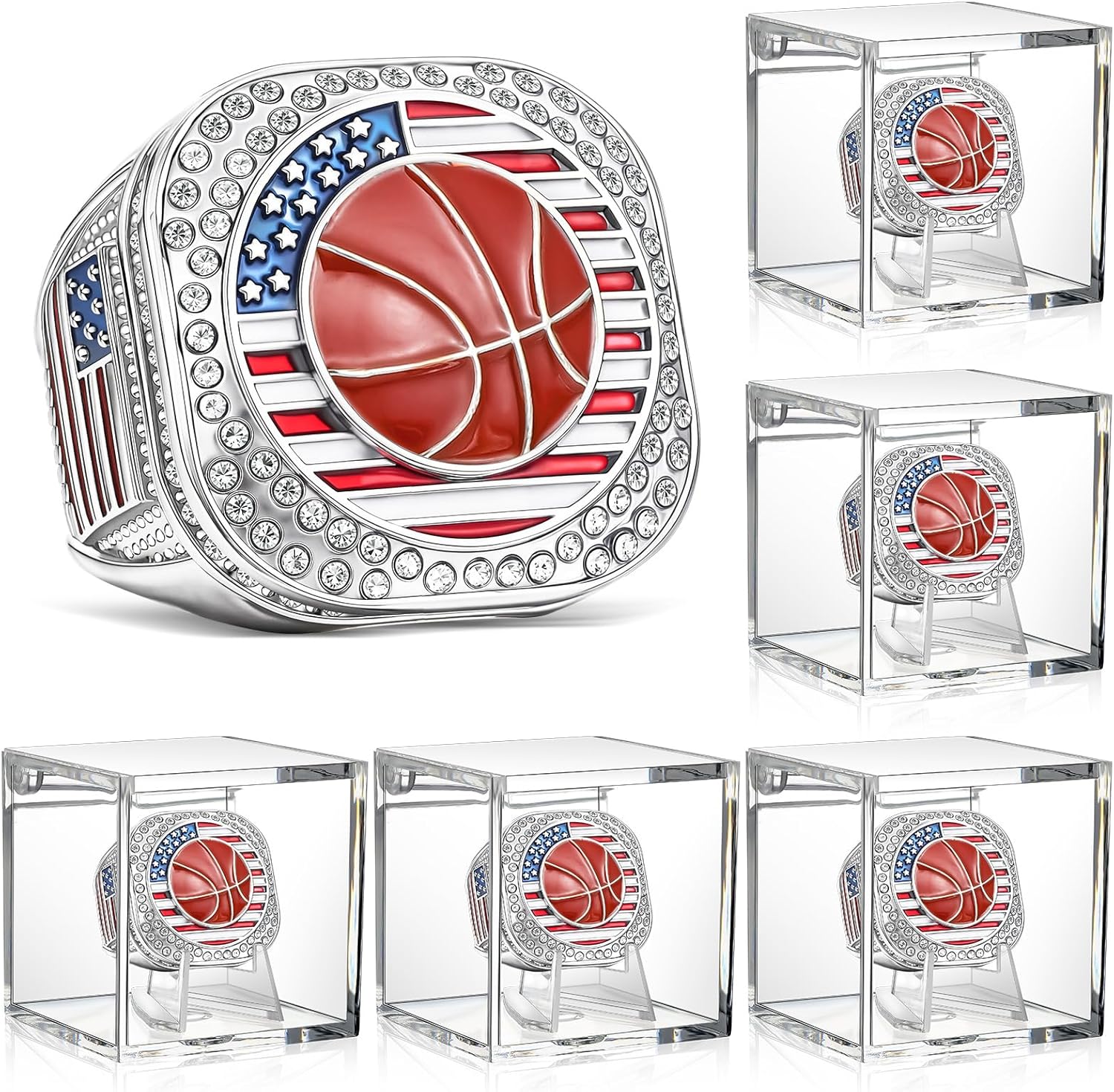 Landical 6 Set Baseball Football Soccer Championship Ring with Display Case and Stand Holder Championship Ring Case Acrylic Display Box and Holder Champion Trophy Rings for League Winner