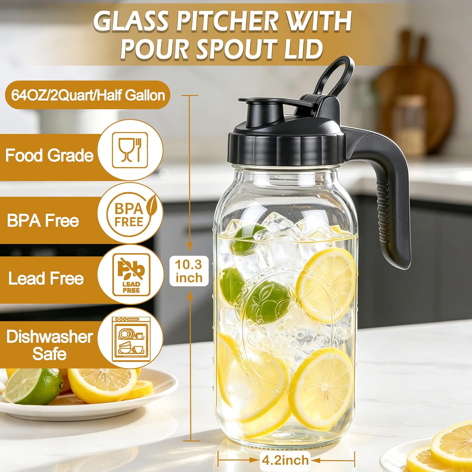 Glass Pitcher with Lid 64oz Wide Mouth Mason Jar Pitcher with Flip Cap Lid and Pour Spout 2 Quart Airtight & Leakproof Heavy Duty Glass Water Jug Carafe for Breastmilk Cold Brew Sun Tea (2 pack)
