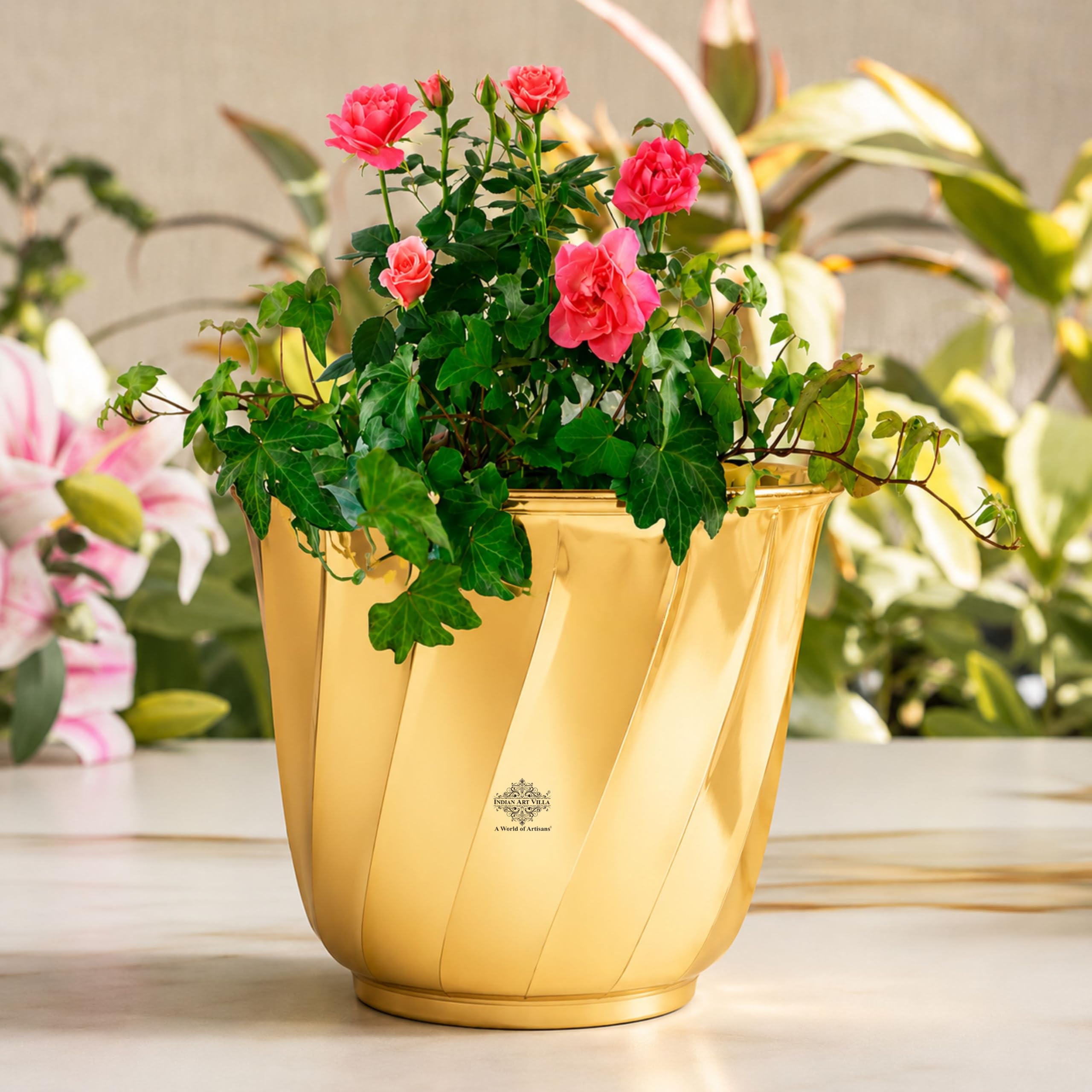 INDIAN ART VILLA Pure Brass Lining Design Planter, Home décor, Planting, Size- 7.2x8 inches 2