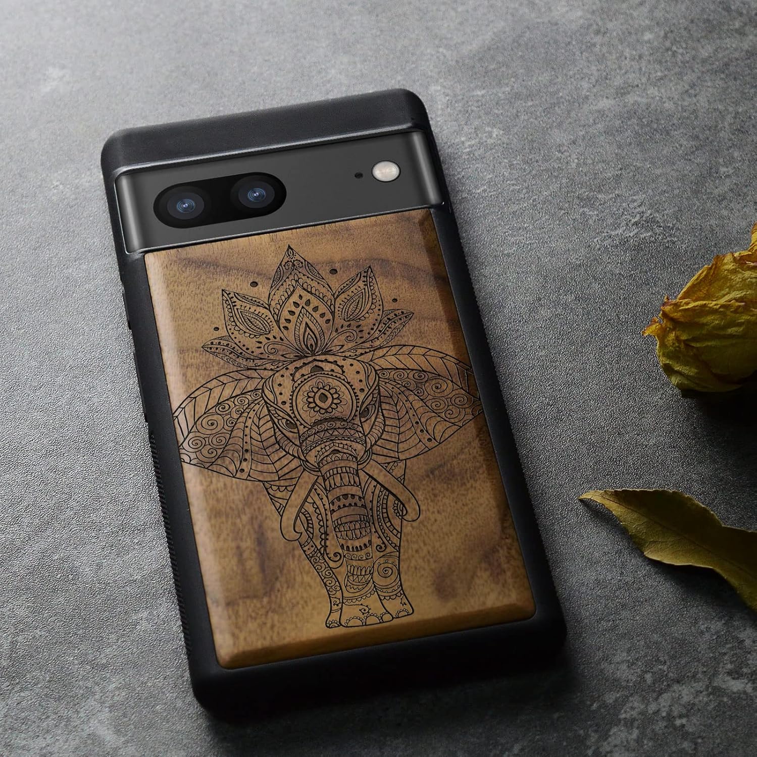 Carveit Wood Case for Pixel 7 Case [Natural Wood & Black Soft TPU] Shockproof Protective Unique Wooden Cover Compatible with Google Pixel 7 (African Tribal Elephant-Walnut)