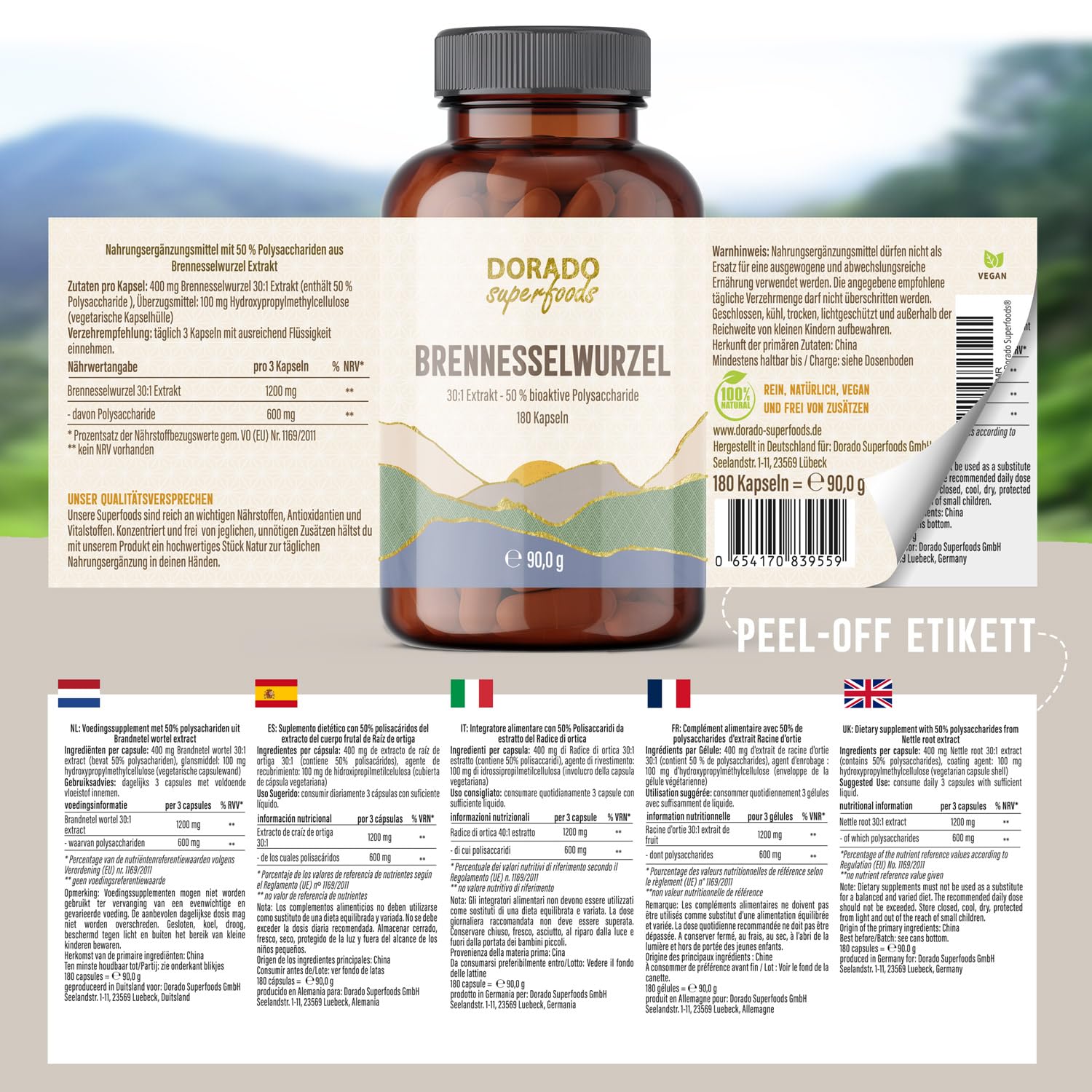 Brennnessel Wurzel Kapseln Hochdosiert – 400 mg 30:1 Extrakt pro Kapsel | 1.200 mg Tagesdosis | Entspricht 36.000 mg Rohwurzel | 50% Polysaccharide | 180 Vegane Kapseln | Dorado Superfoods®