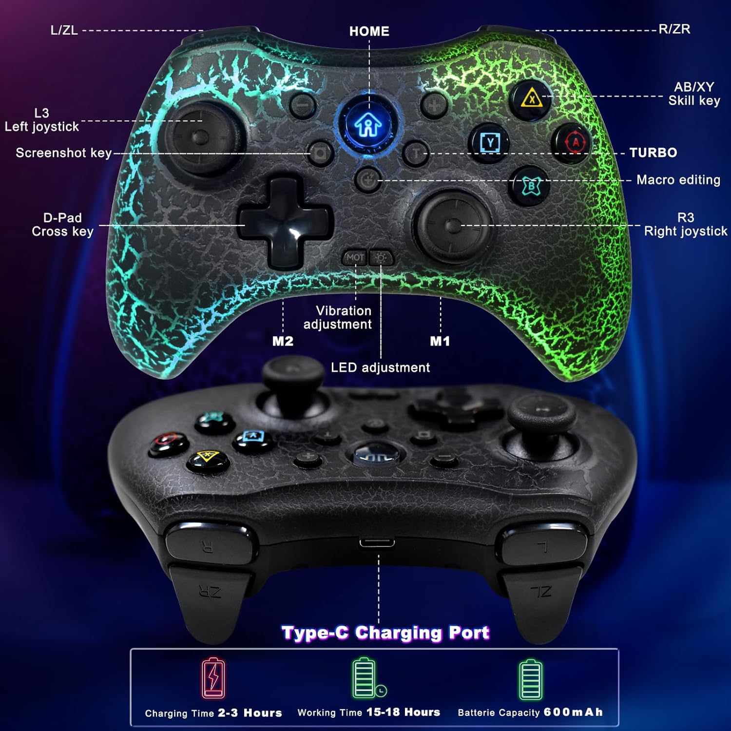 Joso Game Controller for PC, Android, iOS with Phone Holder, Wireless Controllers for Nintendo Switch, PS4, PS3, with Vibration, Motion, Turbo, Back Buttons, Cracked Design and LED Ligh, Direct Play 9 81IEYmKl29L. AC SL1500