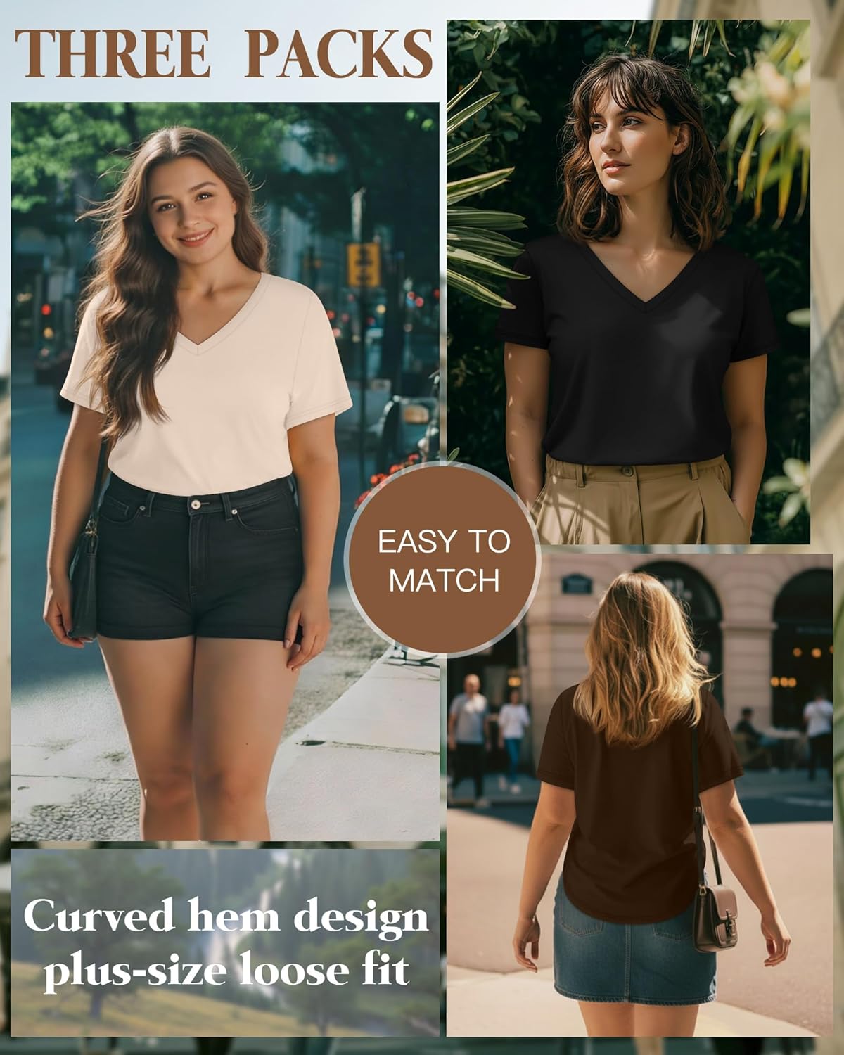 3 Pack Women's Plus Size T-Shirts, V Neck Short Sleeve Shirts Loose Fit Curved Hem Tees Casual Swing Tops - Image 6