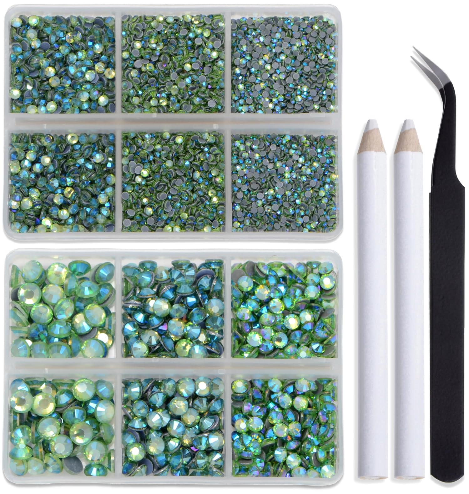 Bymitel Hotfix Crystal Rhinestones Round Gems for Crafts,Mixed 6 Sizes with Wax Pencil Kit, Peridot AB 1.6-6.3mm SS4-SS30/8000pcs