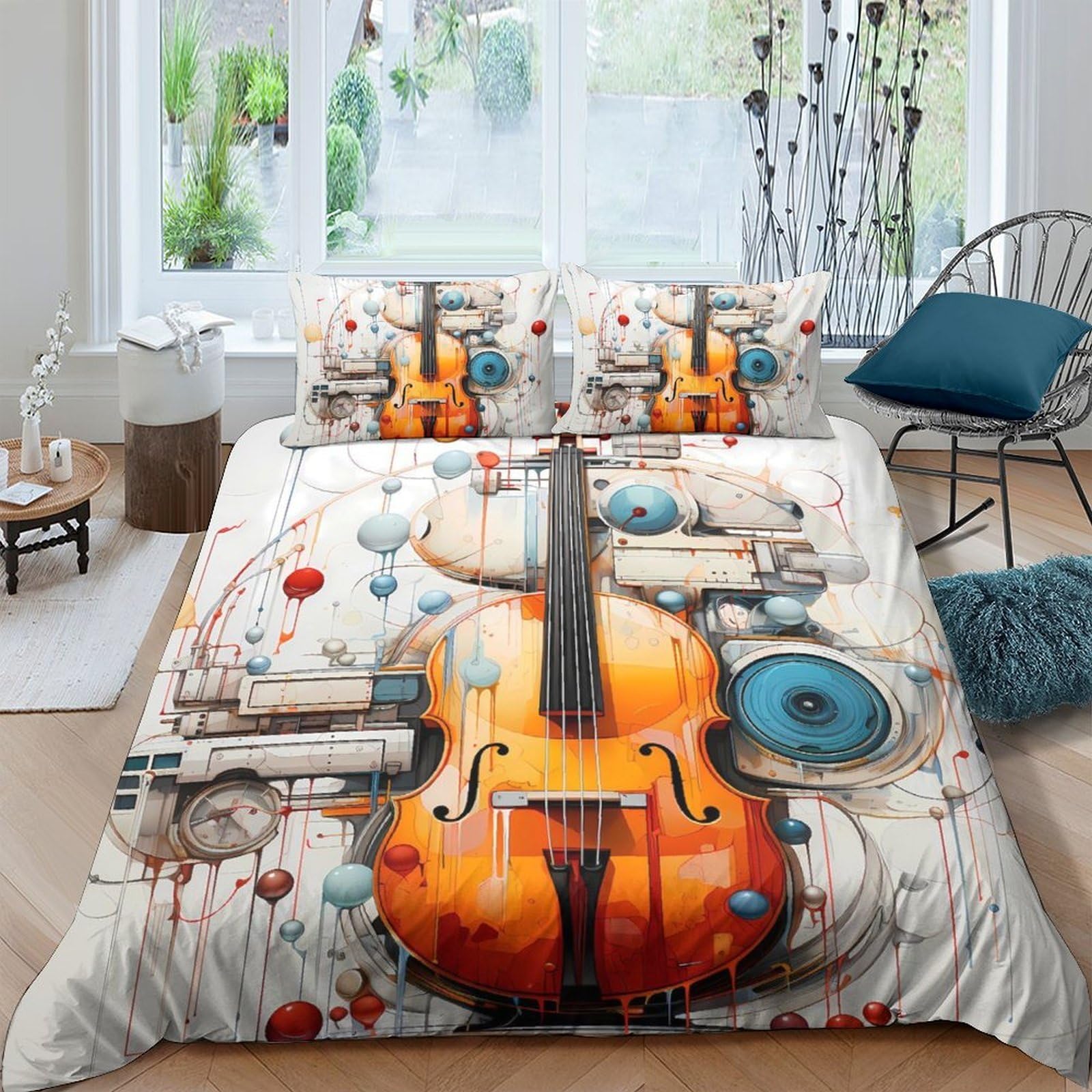 Ctjqhvkz Style-2 3D Printed Violin Music Fitted Sheet Microfiber Soft Orange Abstract Bed Cover For Bedroom Dorm Mattress Protection Decor Single（135X200cm）