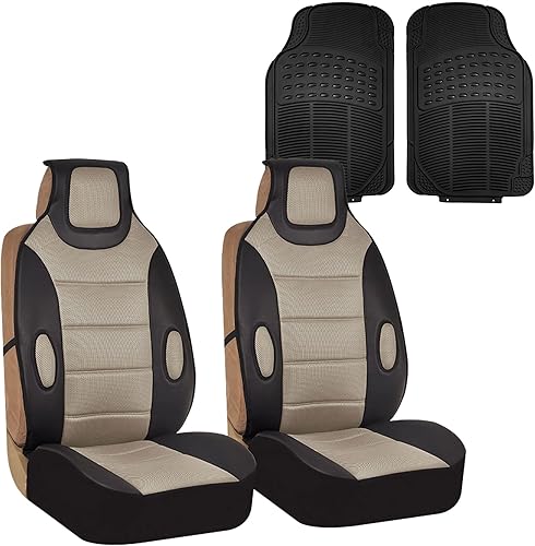 FH Group FB202102 + F11306 - Juego de almohadillas de cuero sintético con malla de aire 3D (beige) - Ajuste universal para automóviles, camiones y