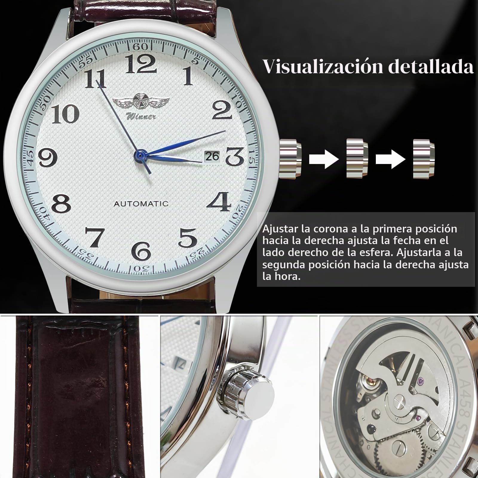 Relojes para hombre, reloj mecánico, esfera blanca, correa azul de las manos de la PU de la banda de viento automático, estándar, Azul/Wite, Correa