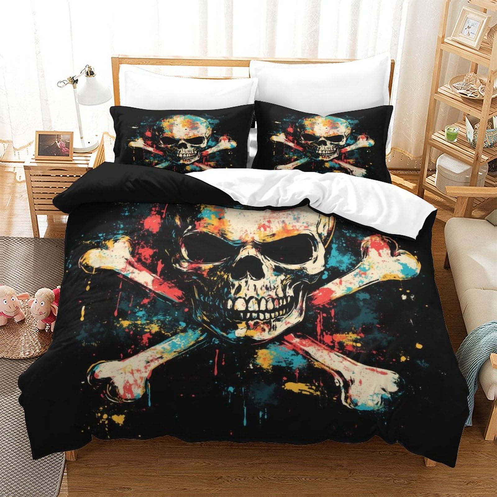P1s9u7w5y Skull-1 Colourful Skull 3D Printed Duvet Cover Set 3Pcs Microfiber Rock Skull Bedding Set Double（200X200cm）