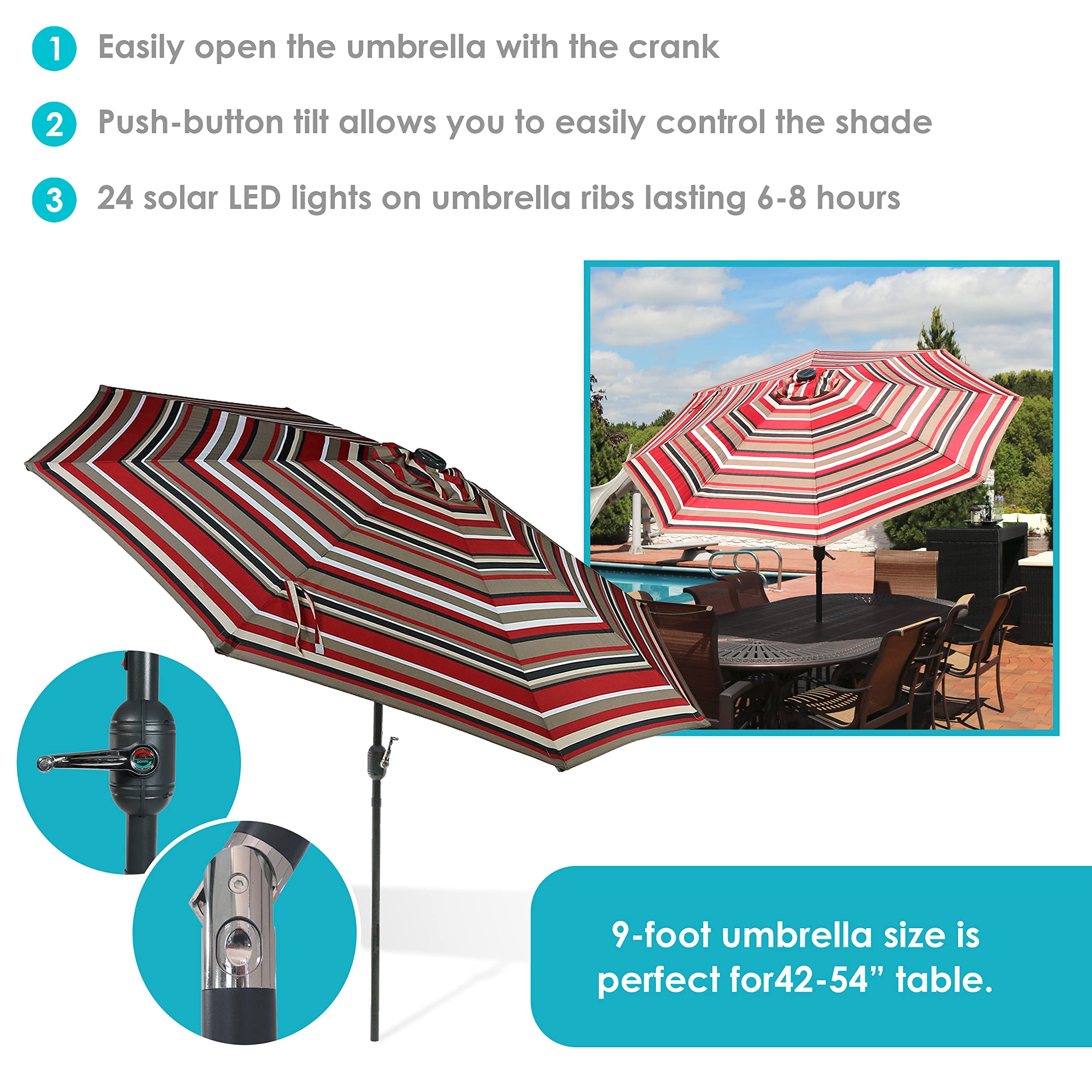 Amazon.com : Sunnydaze 9 Foot Outdoor Patio Umbrella with Solar Lights u0026  Tilt/Crank, LED, Awning Stripe : Tools u0026 Home Improvement