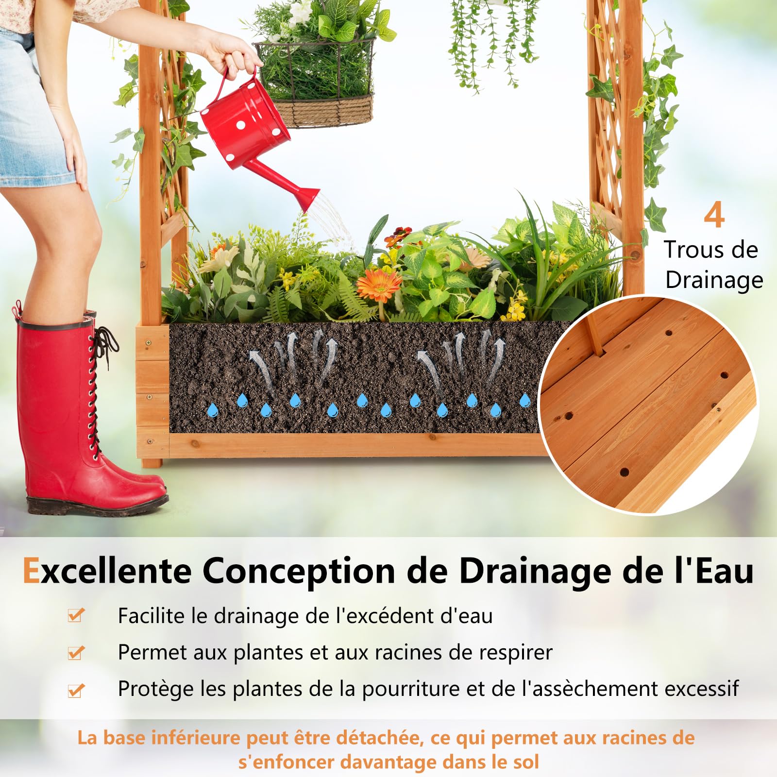 RELAX4LIFE Jardinière Surélevée avec Treillis Latéral & Supérieur, Jardinière sur Pied avec Treillis&Trous de Drainage, Conteneur de Plantes Vertical pour Plantes Grimpantes Légumes Fleurs Herbes