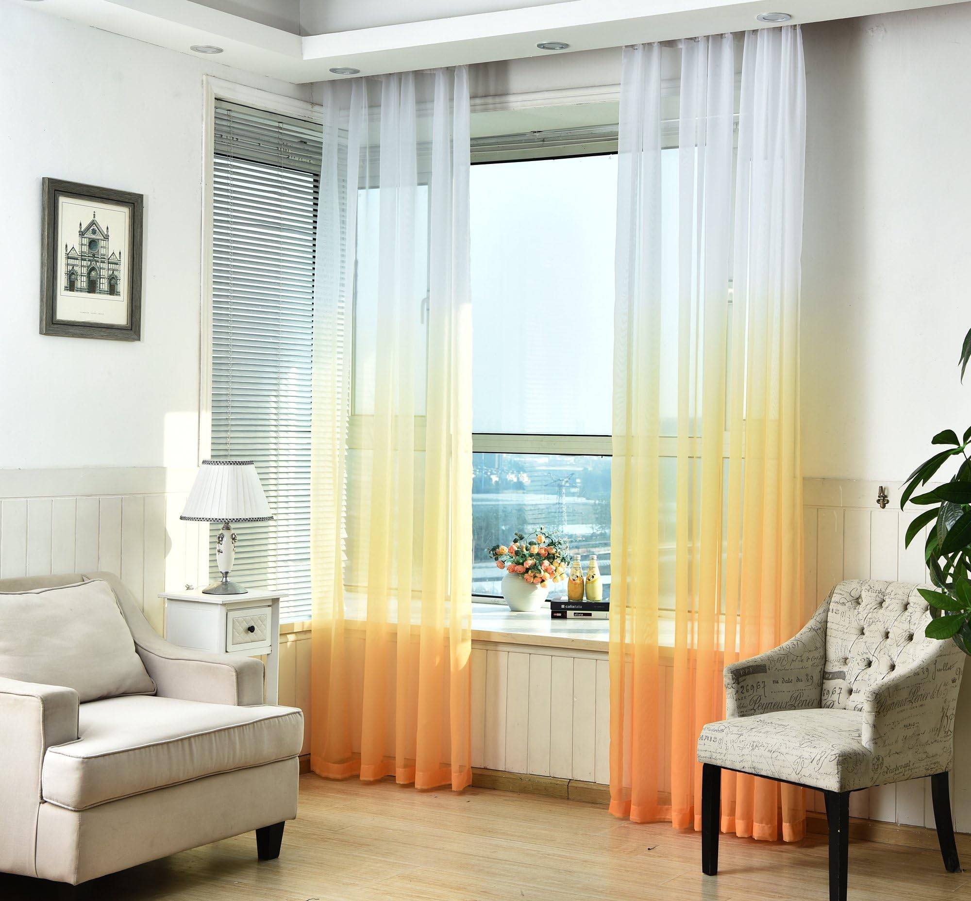 Jarl home Eyelet Voile Sheer Curtains, Gradient Grommet Top for Bedroom and Living Room,Golden,52Wx96L inch