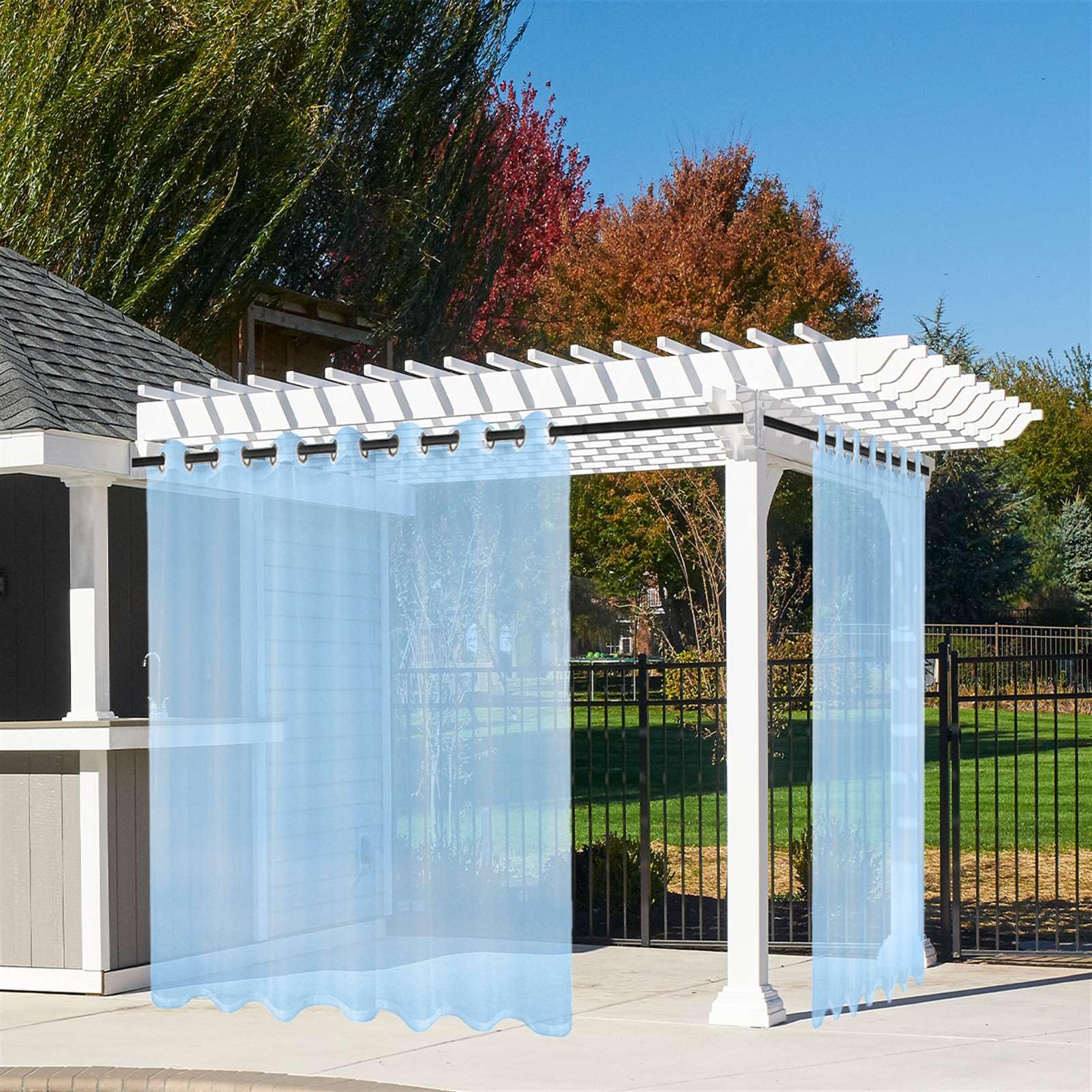 Wasserdicht Outdoor Gardinen-Set 2 Stücke Transparent Voile mit Ösen Sonnenschutz und Sichtschutz für Garten Balkon Pavillon Blau 244x254cm(HxB)
