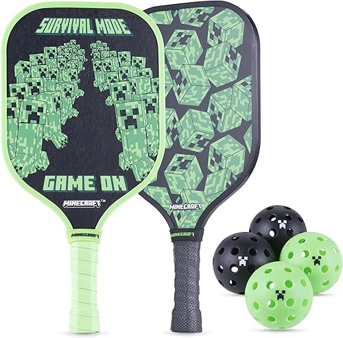 VOYAGER Minecraft Pickleball Set, incluye 2 paletas, 4 bolas duraderas y bolsa de transporte, juego al aire libre de 7 piezas para niños,