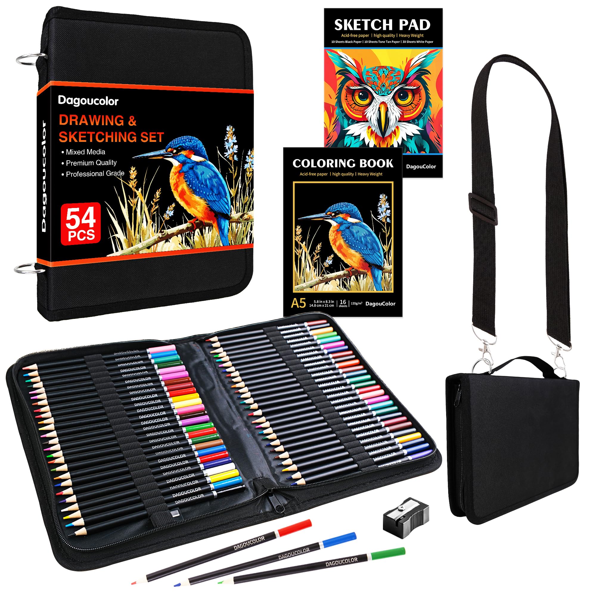 Dessin Crayons Sac à épaule, 52 Colorés Kit de Dessin, Esquisse Set Avec 3-couleur Sketchbook, Livre de Coloriage, Fournitures D'art Pour Les Artistes Débutants Professionnels Médias