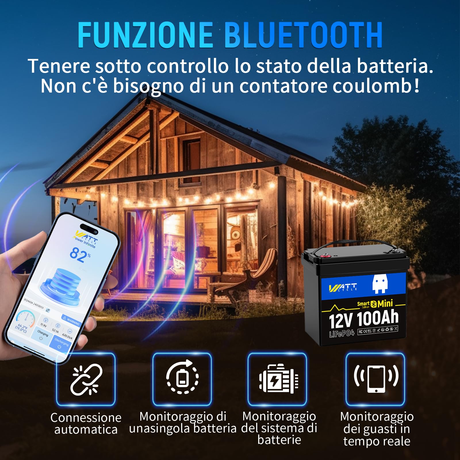 WattCycle Batteria LiFePO4 12V 100Ah con Bluetooth, Batteria al Litio 1280Wh con BMS Intelligente 100A, 15000+ Cicli, Protezione Bassa Temperatura, Batteria Deep Cycle per Camper, Barca, Fotovoltaico