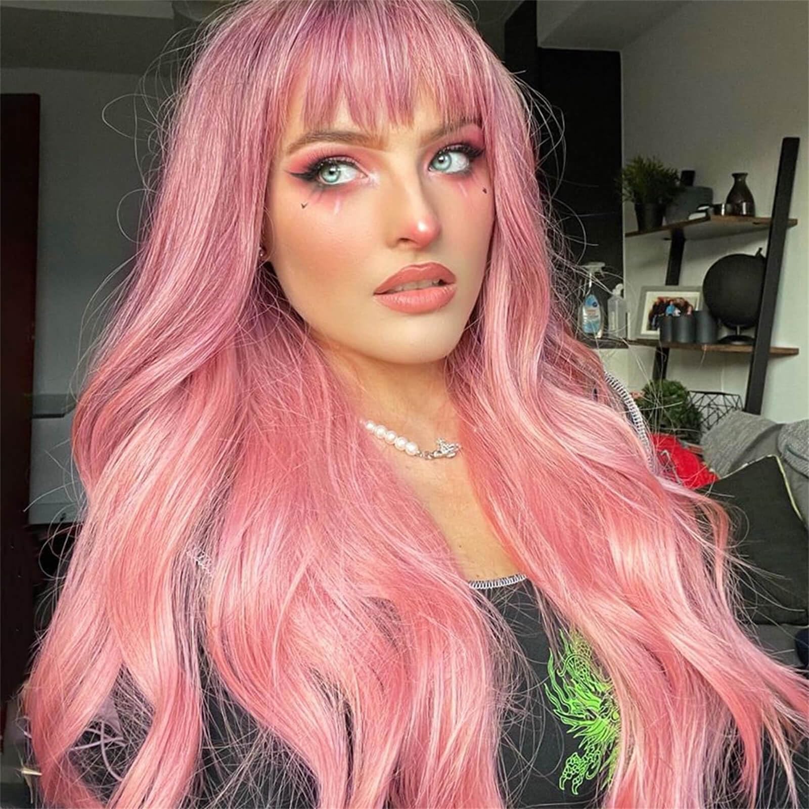 QUEENTAS Pink Long Hair Wigs - 23inch Synthetic Wavy Wigs with Bangs for Women Halloween & Cosplay, Curly