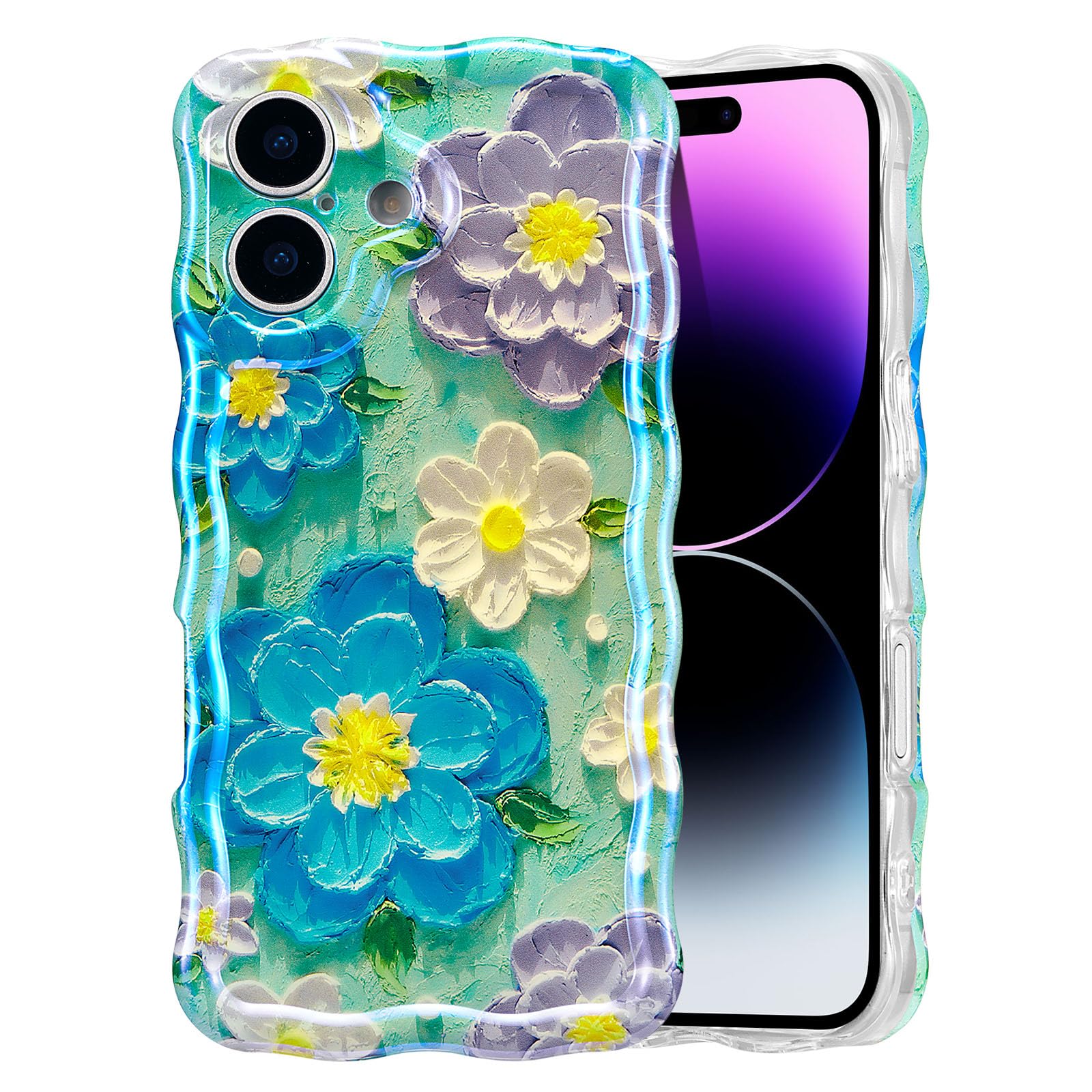 EYZUTAK Case for iPhone 15, Colorful Retro Oil Painting Flower Laser Beam Glossy Pattern Cute Curly Waves Border Exquisite Phone Cover Stylish Durable Soft TPU Protective Case for Girls Women - Green — view 72