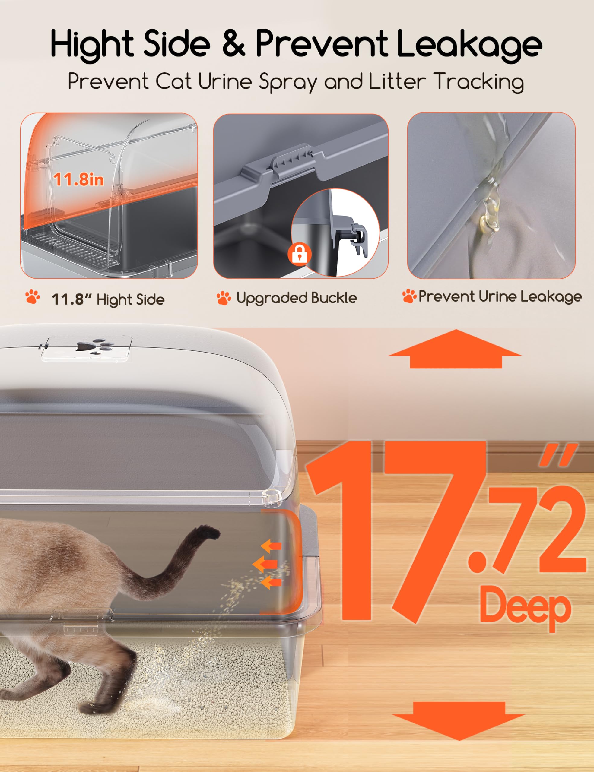 Meowant Lettiera per Gatti in Acciaio Inox, 81L Lettiera Gatto Chiusa XXL, Toilette Grande per Gatti con Paletta e Tappetino, Antiaderente, Antiodore, Facile da Pulire, 60 x 40 x 45 cm, Grigio