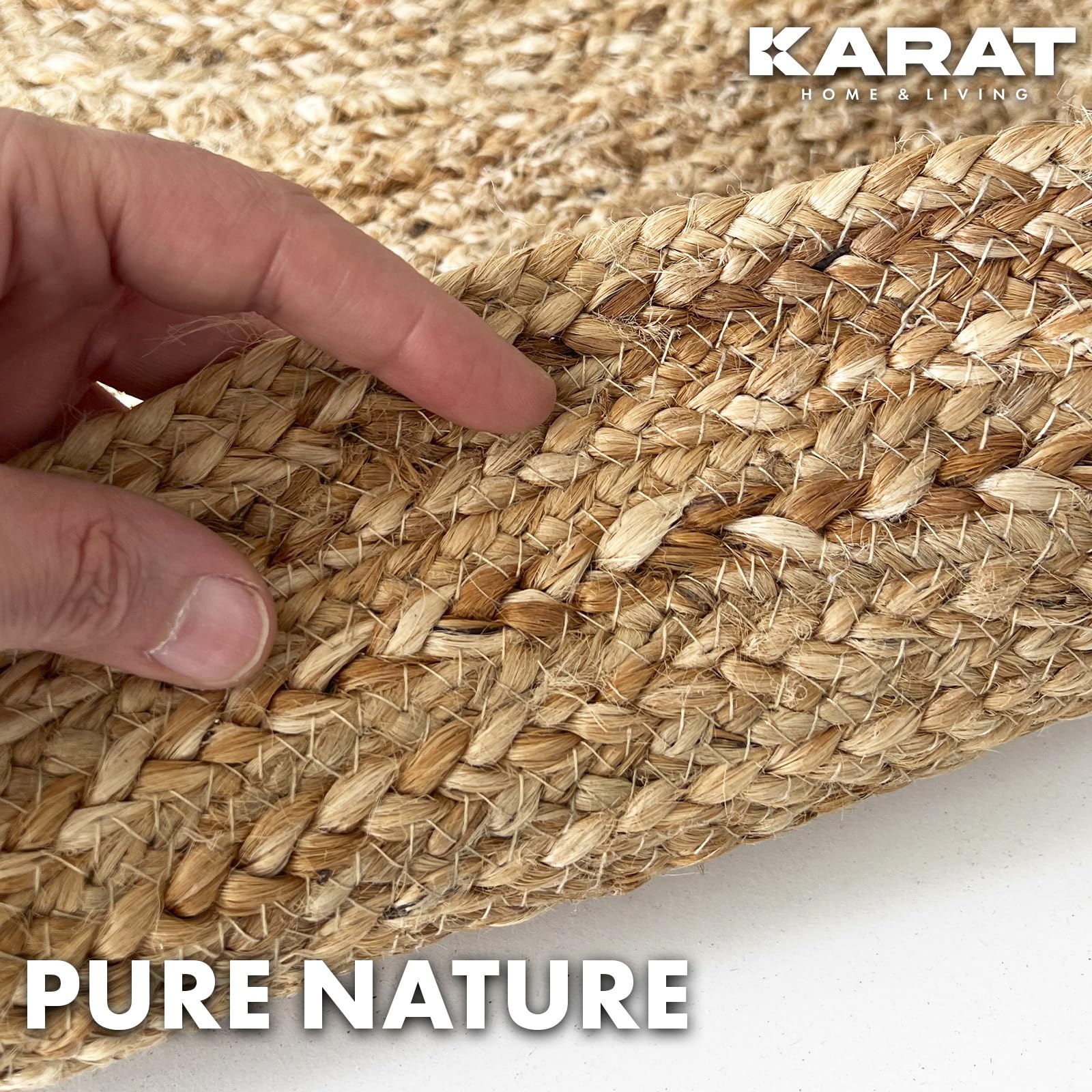 KARAT Jute Teppich rund 200cm Ø Bastteppich aus 100% Naturfaser - geflochten Boho Juteteppich, Handgewebter Naturteppich für Küche & Wohnzimmer robust & reißfest (Surat)