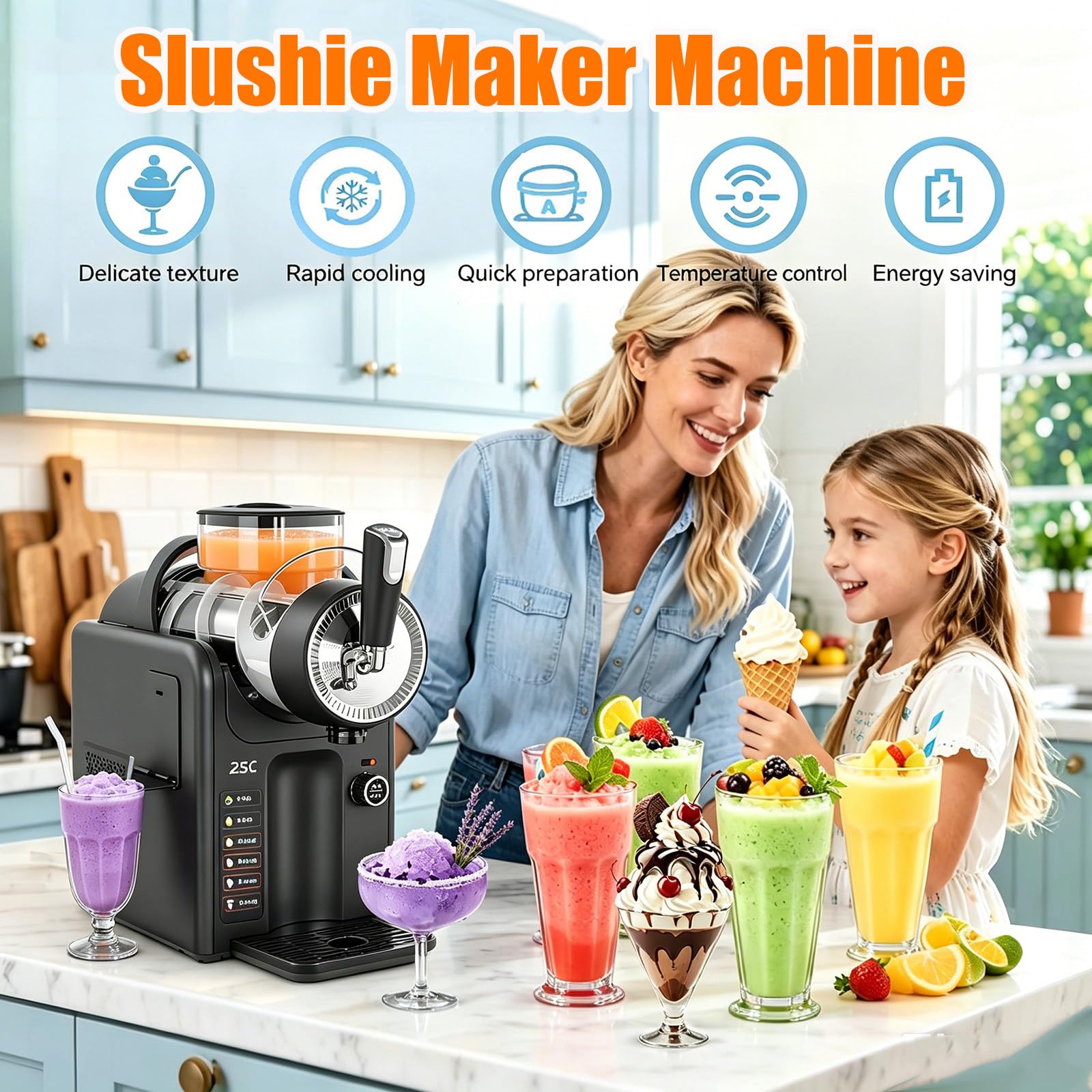 Macchina per Granite 5 in 1 per Bevande Fredde e Gelato Soft, Macchina per Granite autoraffreddante con capacità di 2 Litri, Senza Ghiaccio, 5 modalità preimpostate, autopulizia White
