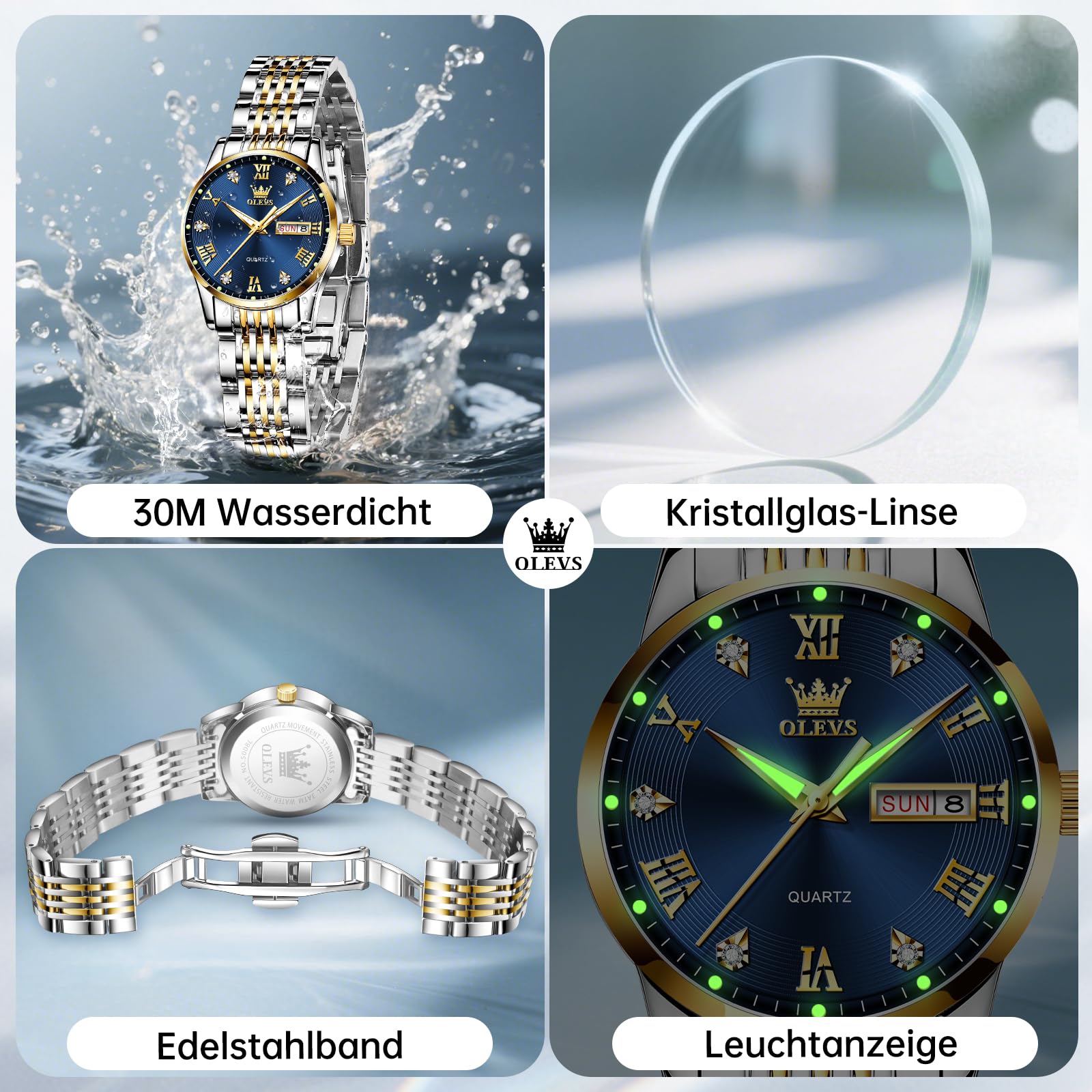 OLEVS Damen Uhr, Klassische wasserdichte Edelstahl Tagesdatum Kleine Armbanduhr Damen, Eleganze Rundes Zifferblatt Analog Quarz Leuchtende Damenuhr