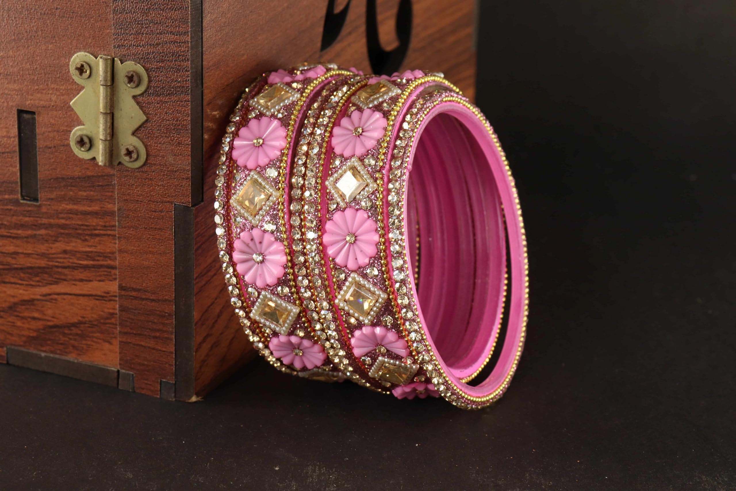 ZULKA Ladies Kangan Set | Colourful Glass Bangles | Trendy Chudi For Girls - Set Of 6 (ZU_JN40-Flowerset-Pink-2.8) 2