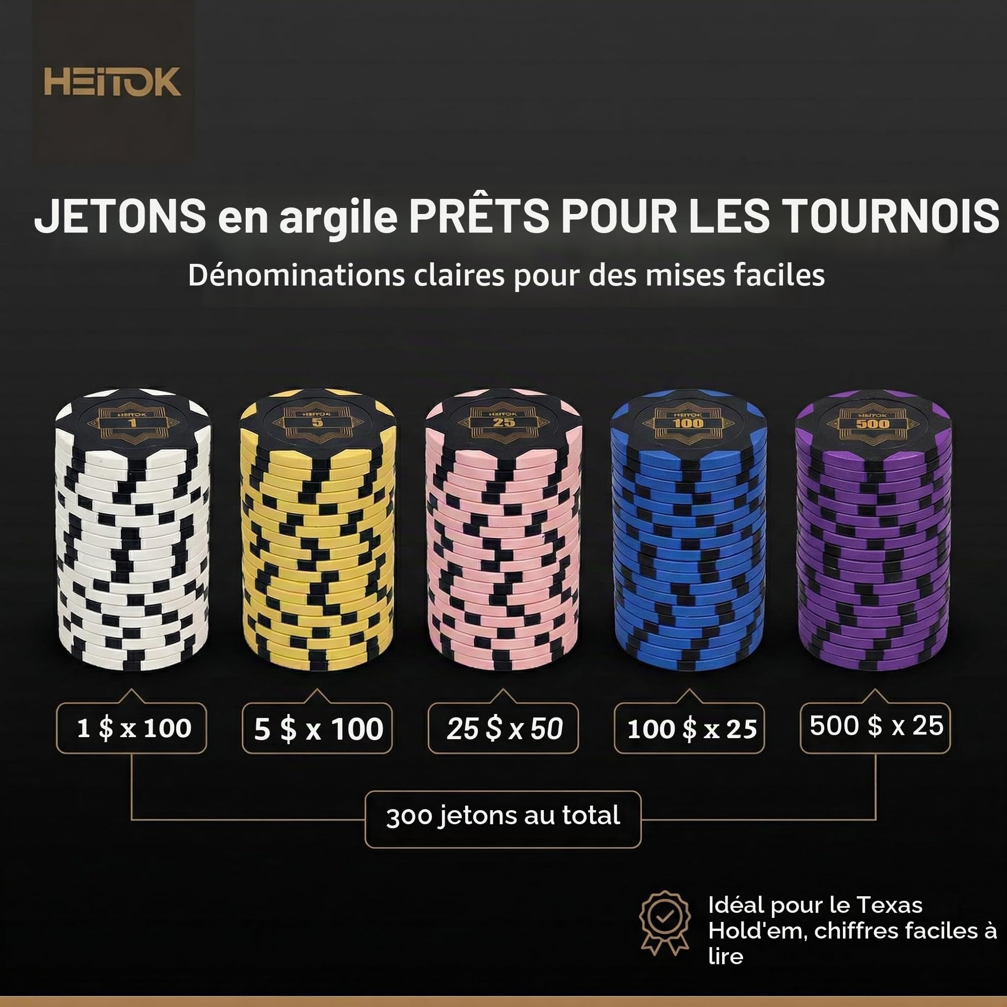 HEITOK Mallette Poker 300 Jetons Numérotés 14g Clay Composite Aluminium Texas Holdem et Blackjack
