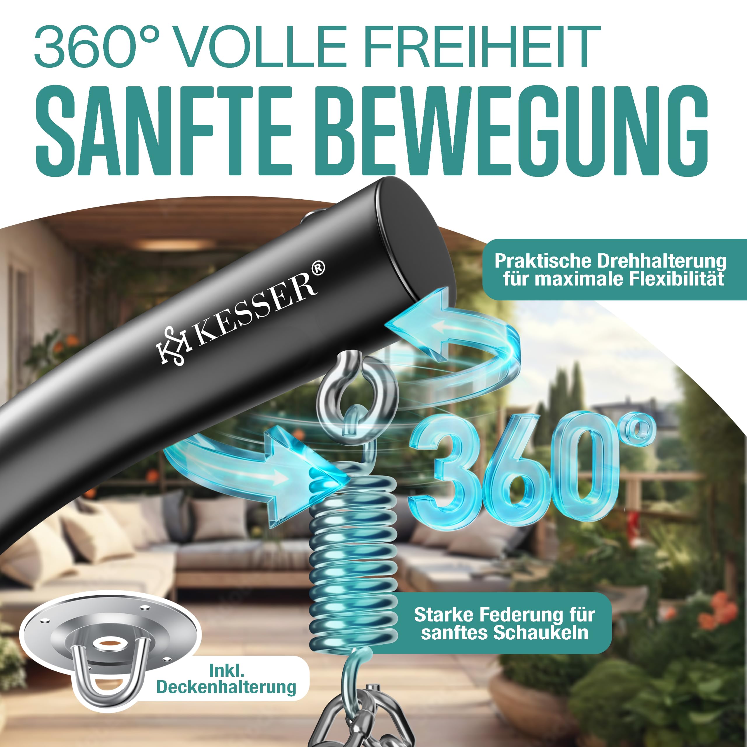 KESSER® Hängesessel mit Gestell Outdoor Indoor Schaukelstuhl Polyrattan 360° 150kg Tragkraft inkl. Polsterkissen & 2in1 Deckenhalterung + Cover – Relaxschaukel - Garten, Balkon, Terrasse, Anthrazit