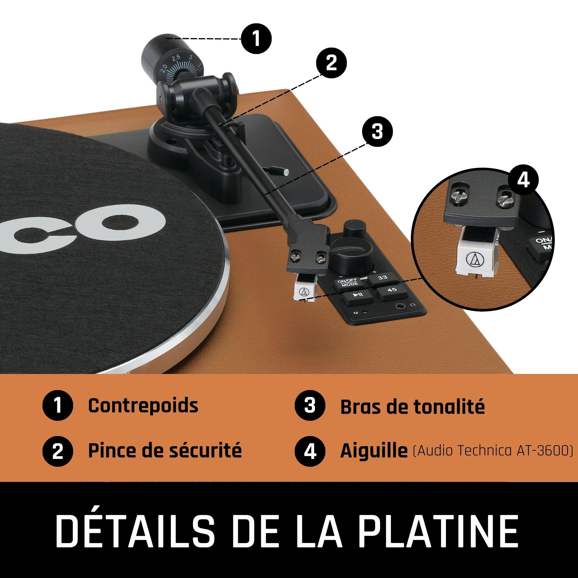 Lenco LS-430 Vinyle, Platine Vinyle, Tourne Disque, Platine Vinyle Bluetooth - haut-parleurs intégrés 40 W RMS - entraînement par courroie - contrôle de tonalité - préampli - RCA et AUX - marron