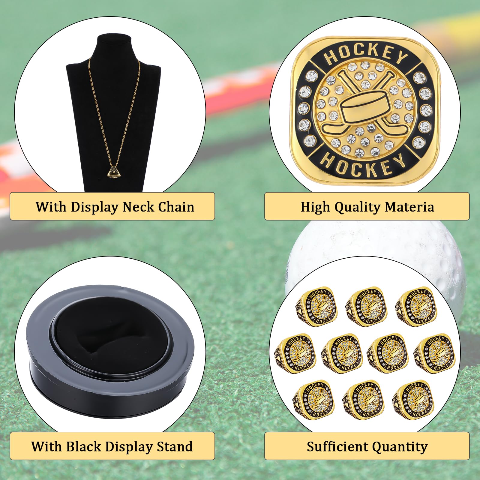 Highergo Juego de 10 anillos de trofeo de fútbol, voleibol, béisbol, MVP, campeonato de golf, con soporte de cadena de exhibición, sóftbol, baloncesto, animadoras, bolos, pista de campo para regalo de