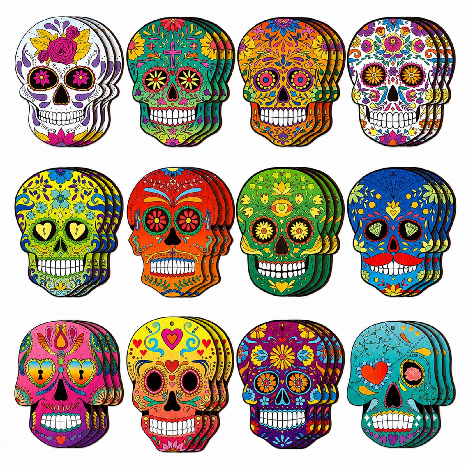 24PCS Day of the Dead Wooden Hanging Decorations, Colourful Sugar Skull Set