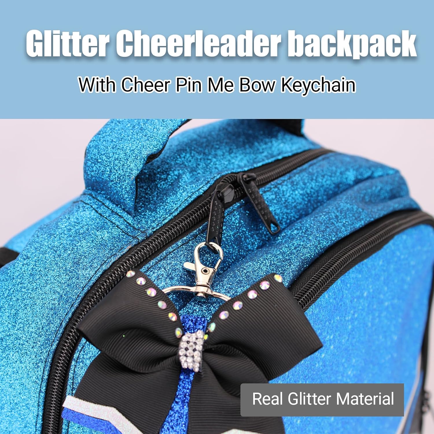Cheer Backpack with Ribbon Keychain, Glitter Cheerleading Backpack for Women, Cheerleader Gifts (Blue) - Image 4
