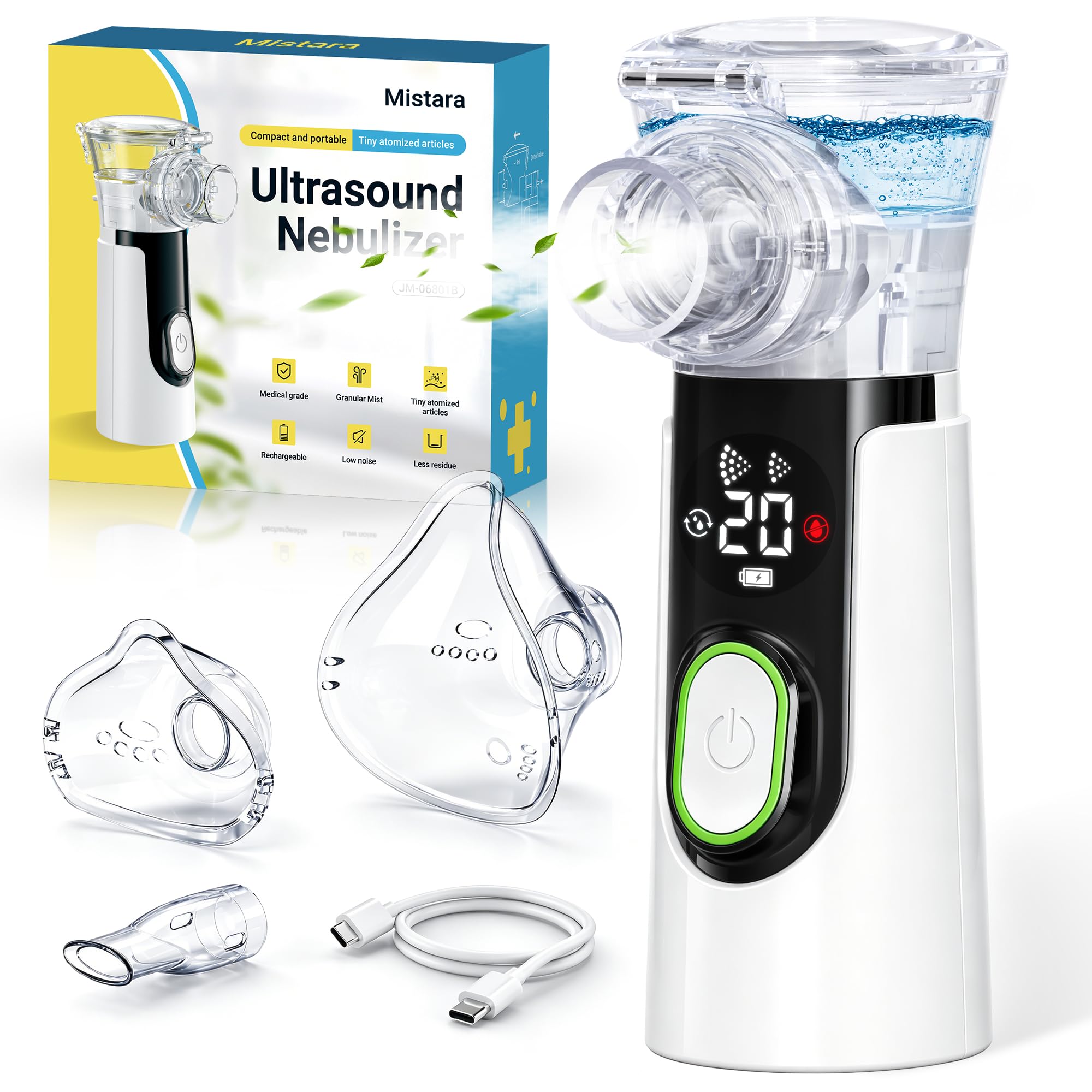 Mistara Aerosol Portatile Silenzioso con Display LED, Auto-Pulizia e USB-C | Per Adulti e Bambini, Macchina Aerosol con Timer Digitale, Mesh ≤5μm, 2 Modalità 10/20 Min, Maschere e Boccaglio Inclusi