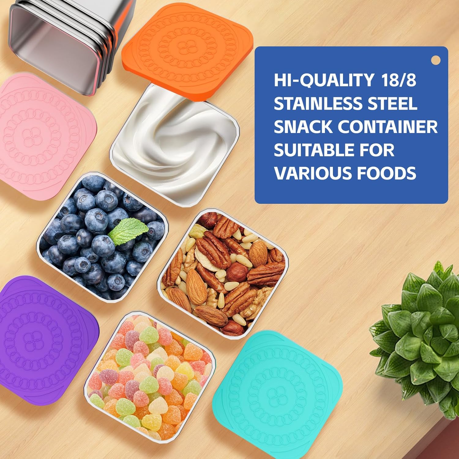 Set of 8 Snack Containers,Reusable Snack Container,Stainless Steel lunch box ;Leak Proof Stackable Small Metal Food Containers with Silicone Lids - Image 3