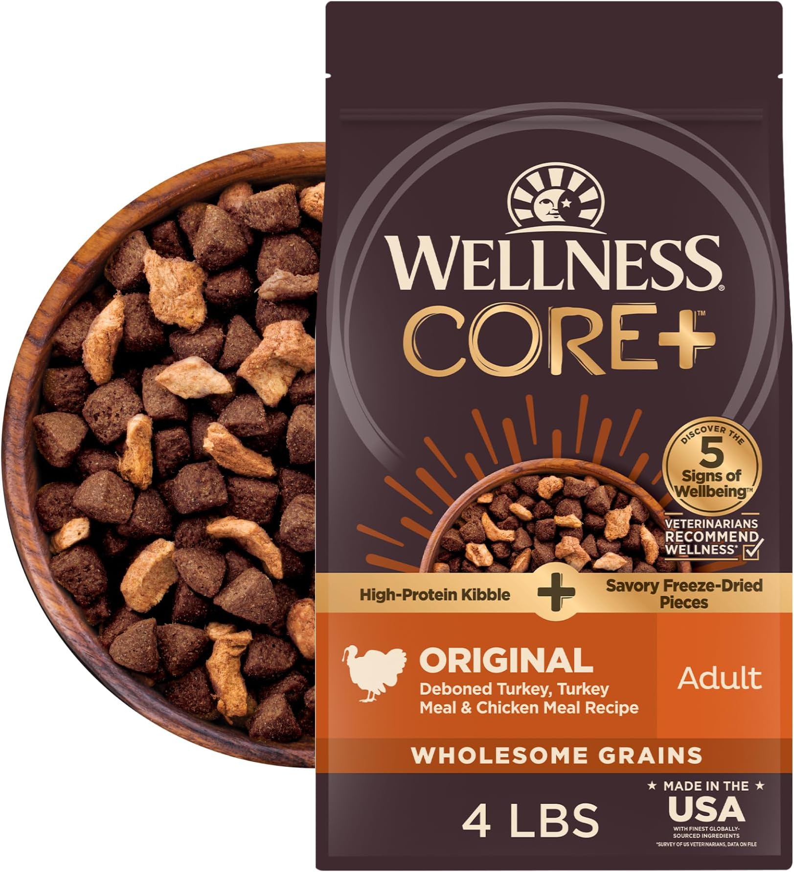 Wellness CORE+ Adult Dry Dog Food with Freeze Dried Pieces, Wholesome Grain Kibble+, Natural, High Protein, Turkey and Chicken Recipe, 4 lb Bag