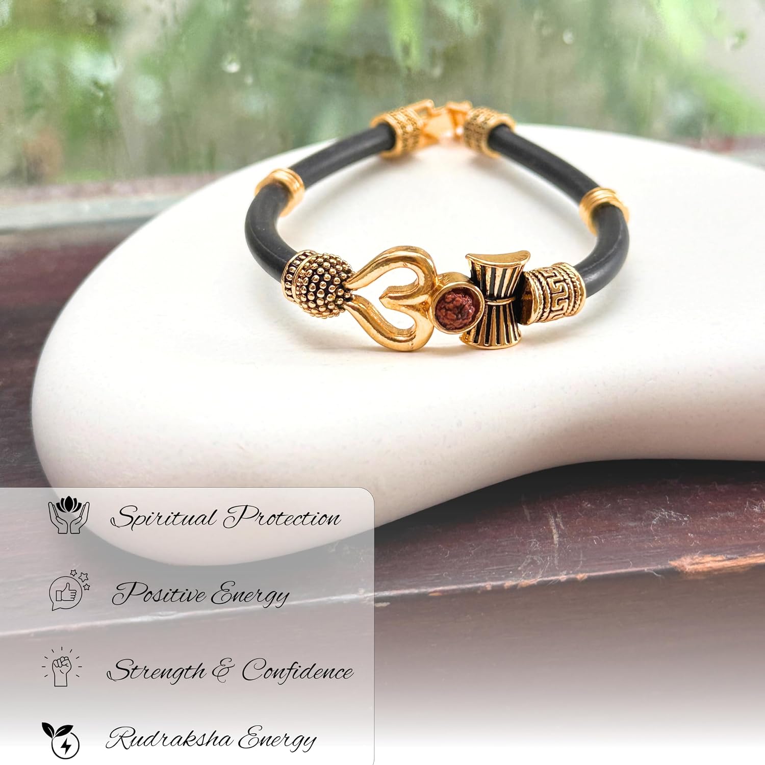 Wonder Care Rudraksha Shiv Om Trishul Damroo Kada for men, Lord Shiva Bahubali Cuff Bracelet for men, boys | Religious Brass Kada | Free size