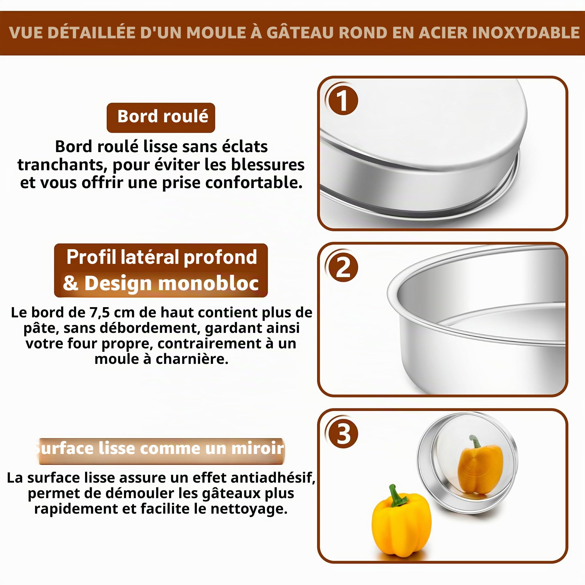 Homikit Moule à gâteau en acier inoxydable, 24 cm, 7 cm de profondeur, de qualité supérieure, non toxique et inoxydable, poli miroir et passe au lave-vaisselle