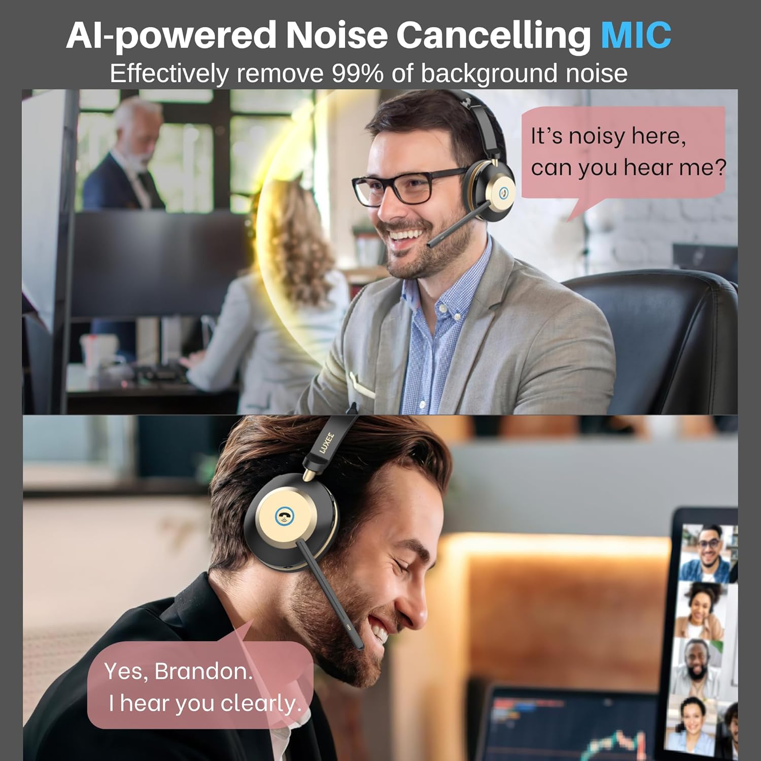 LUXEE* Wireless Headset with Mic, Noise Cancelling Headphones for Work/Trucker Bluetooth Headset V5.3/Best Headsets to Work from Home/Office/Computer/Phone/Zoom,Call Center. Auto Switch BTW 2 Devices