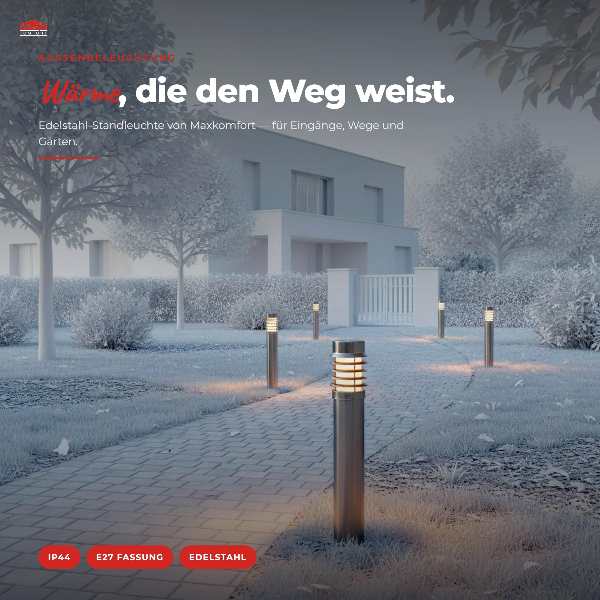 Maxkomfort Außenstandleuchte GERDA – 100cm Edelstahl E27 Outdoor Wegeleuchte – IP44 Wetterfest, Standleuchte für Garten & Einfahrt, exkl. Leuchtmittel