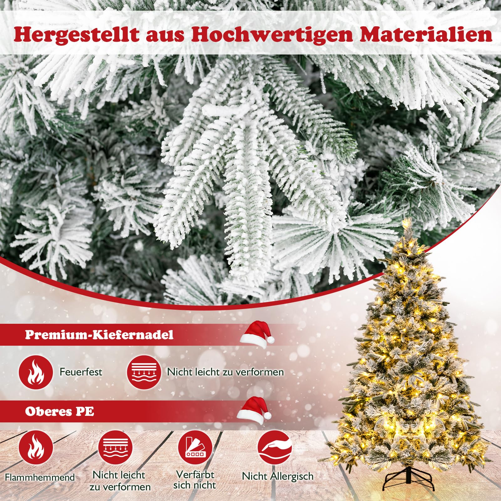 COSTWAY 210 cm Künstlicher Weihnachtsbaum mit Schnee und Beleuchtung, Tannenbaum mit 300 Warmweißen LED-Lichtern, 1096 gemischten Zweigspitzen, Christbaum, Kunstbaum Weihnachten für Zuhause, Grün